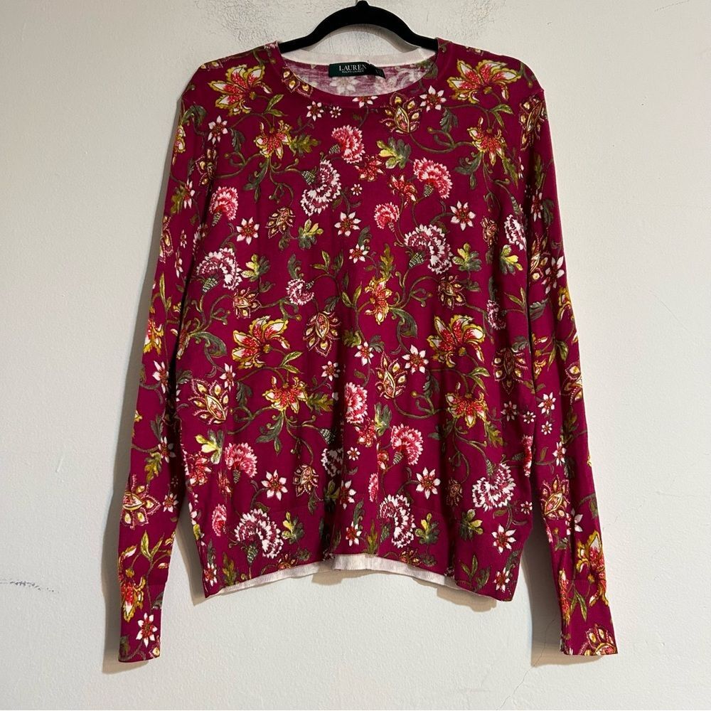 Lauren Ralph Lauren Floral Cotton Modal Blend Sweater Bright Fuchsia Multi XL